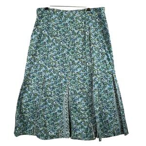 Charter Club Womens 16 Floral Pleated Skirt Blue Green 100% Cotton Lined Midi